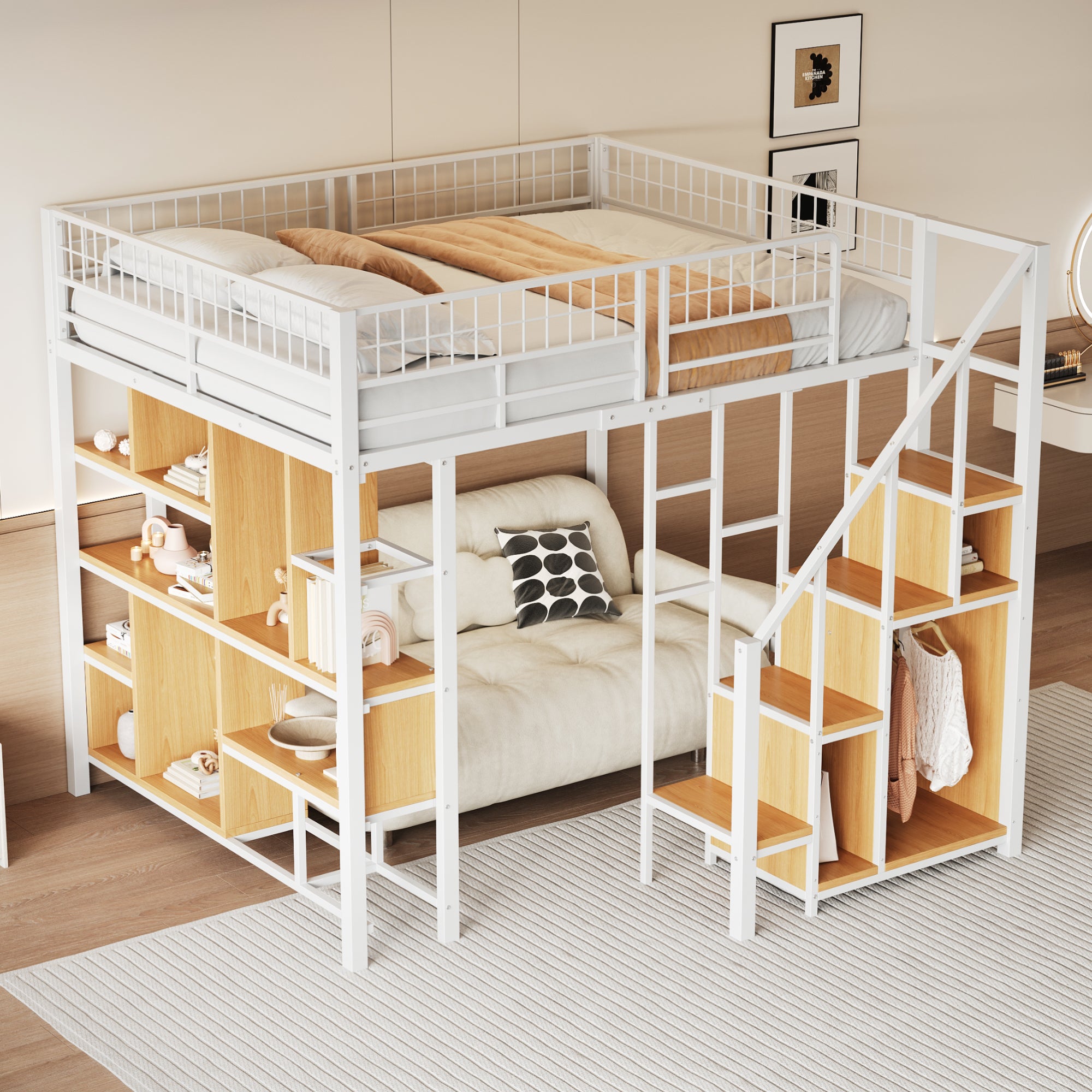 Letto A Soppalco 140x200 Cm Per Bambini Con Scala E Spazio Aperto - Struttura In Metallo, Bianco O Nero