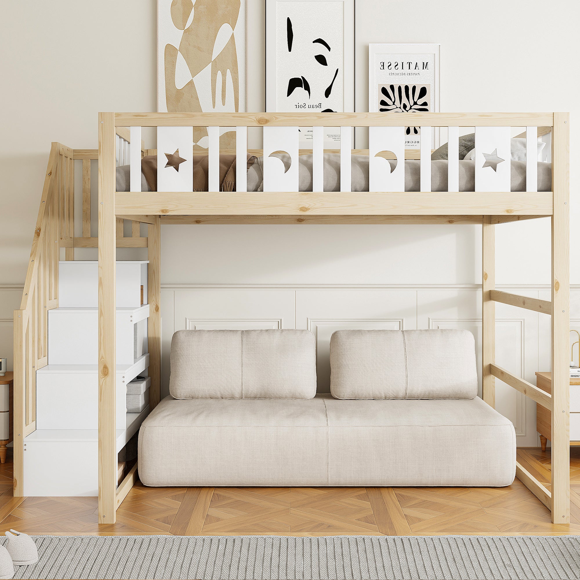 Łóżko piętrowe dziecięce 140x200 - z drabiną - z barierkami bezpieczeństwa - naturalny (materac nie jest wliczony w cenę)