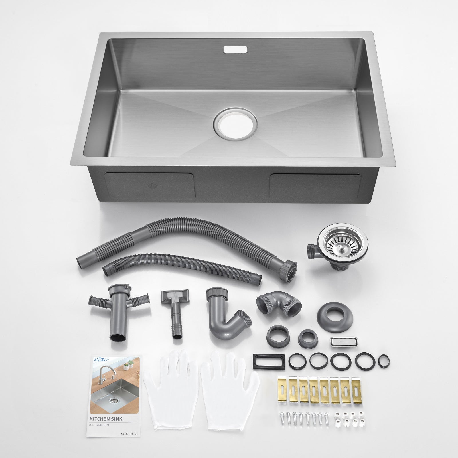 AuraLum Max Évier Cuisine 1 Bac 70*44*19CM Évier Montage à Encastrer,à Fleur/Sous-Plan Acier Inox 304 Évier Brossé avec Siphon/Trop-Plein,EU Modèle - 5