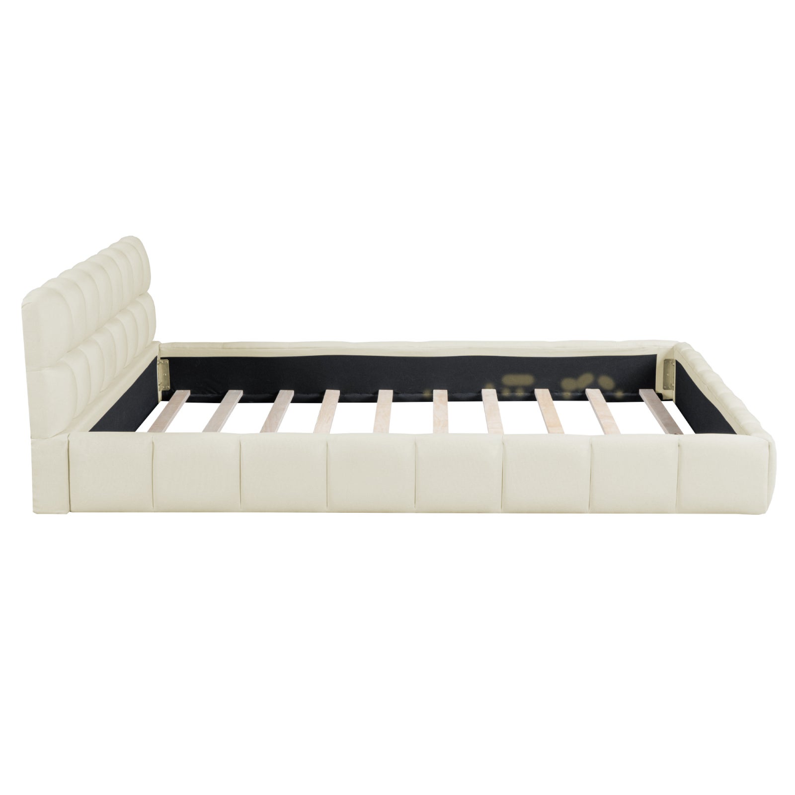 Lit adulte 140x190cm en lin avec dossier moelleux, Lit plat avec sommier à lattes, beige - 3