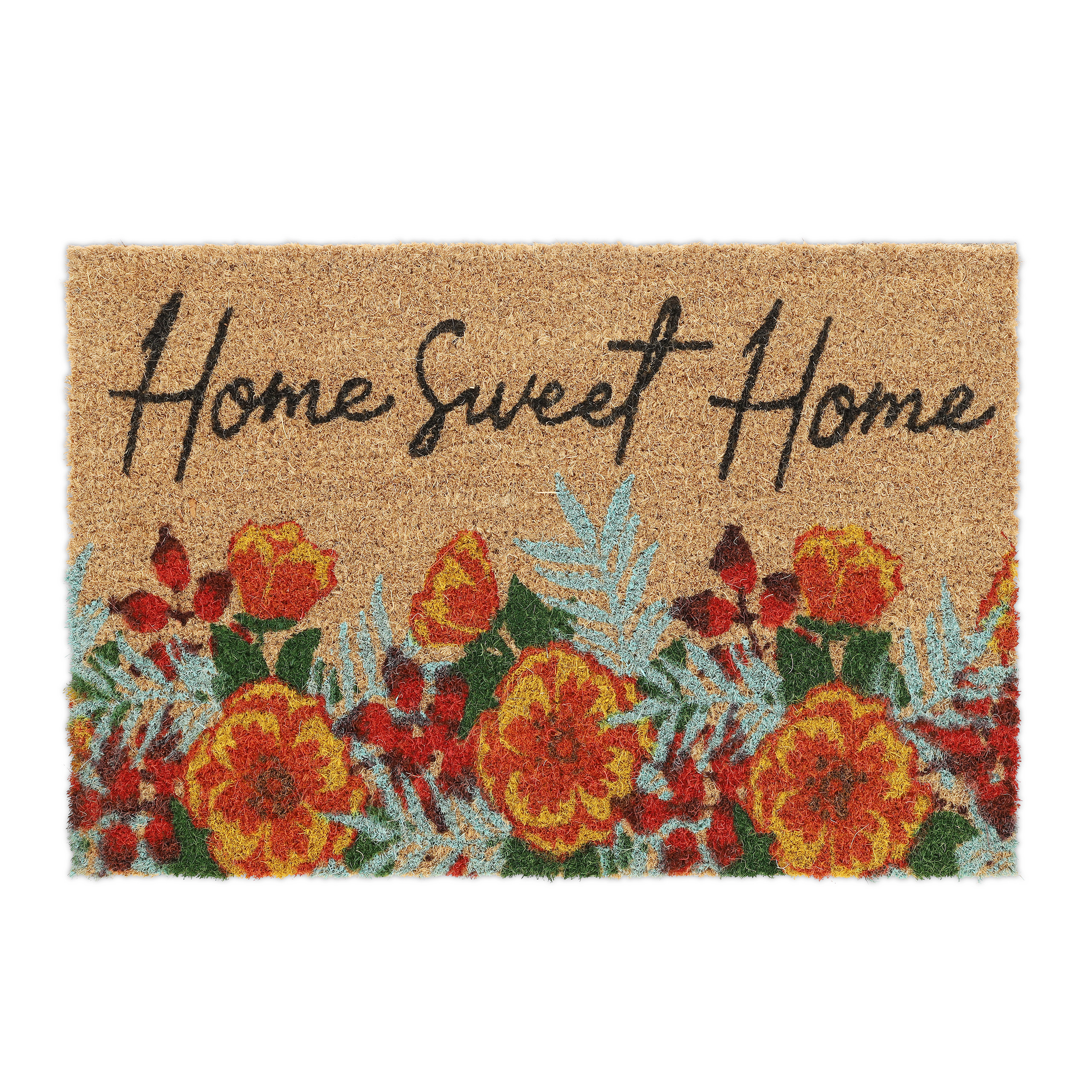Relaxdays felpudo coco flores, home sweet home, 40x60cm, limpiapiés puerta interior y exterior, antideslizante, colorido