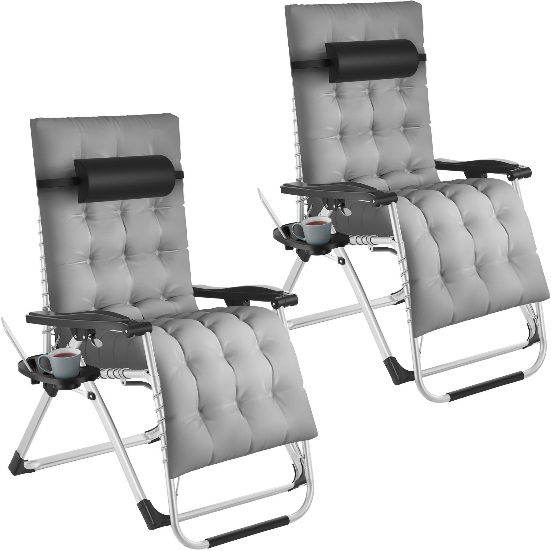 Tectake Lot De 2 Chaises Longues Bain De Soleil Inclinables – Aluminium Gris Avec Appui-tête Moelleux – Parfait Jardin, Plage, Camping & Terrasse