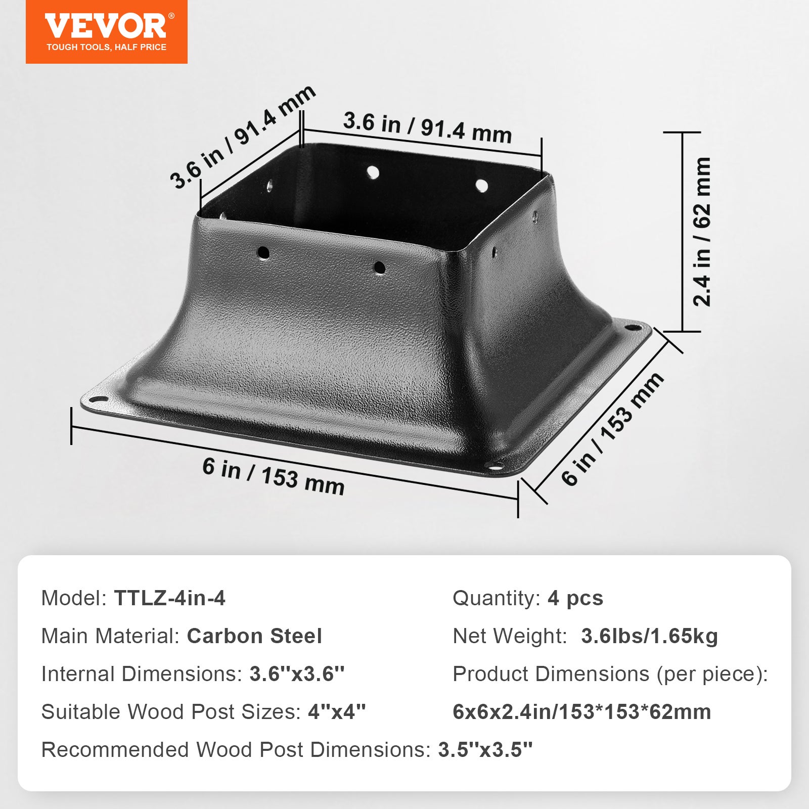Lot de VEVOR 4 Support de Poteau Bois 4''x4'' 102x102 mm Base de Poteau Interne 91,4x91,4 mm en Acier au Carbone pour Ancrage de Poteau Bois Standard - 7