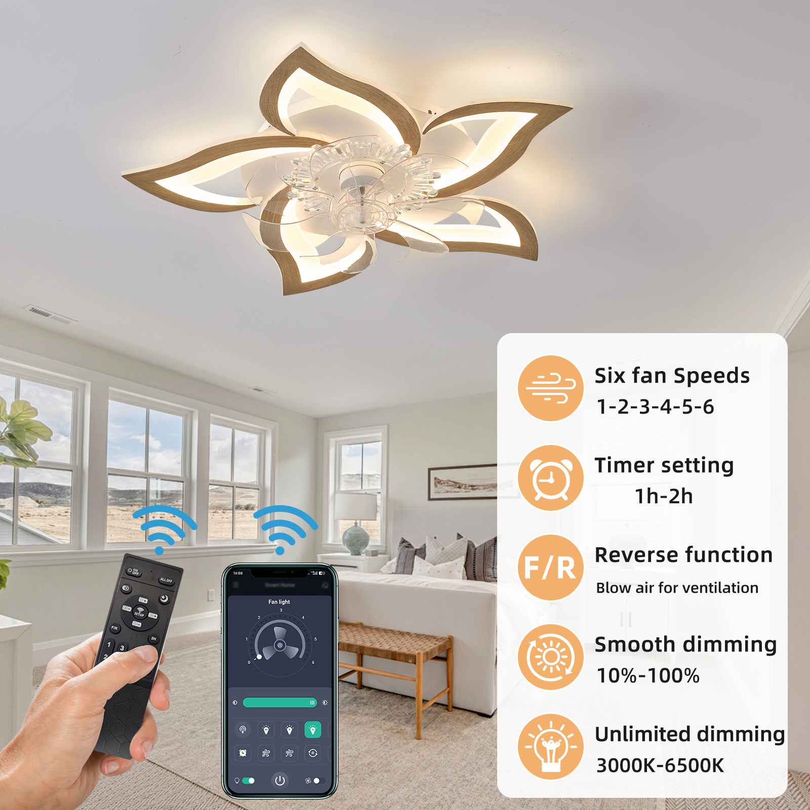 Ventilateur lumineux caché en forme de fleur | Lampe de plafond intelligente avec télécommande et réglage de couleur | Pour 10-15 m² - 7