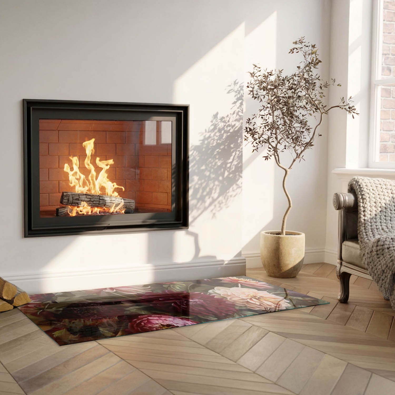 Szkło hartowane na podłogę pod kominek - 125x50 cm - Kwiatowy bukiet w detalu - TULUP - 5