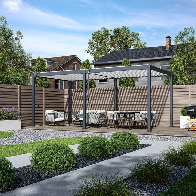 Pergola bioclimatique autoportante Aluminium La Maison du Jardin 3 x 6 Anthracite & lames blanches