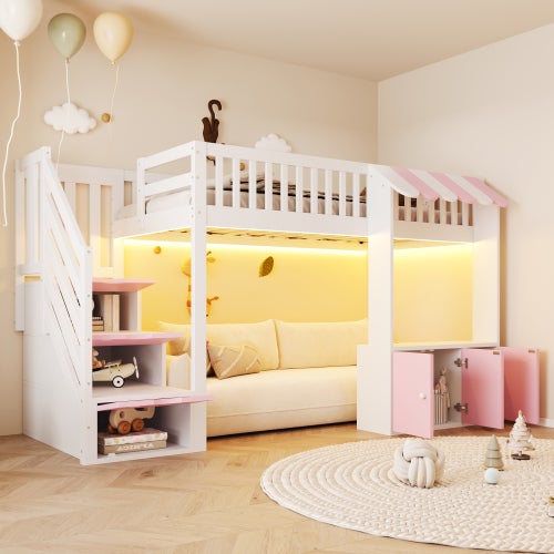 Lit superposé Enfant 90X200 avec armoire et LED, Lit mezzanine avec escalier de rangement et sommier à lattes, Rose(Sans Matelas) - 3