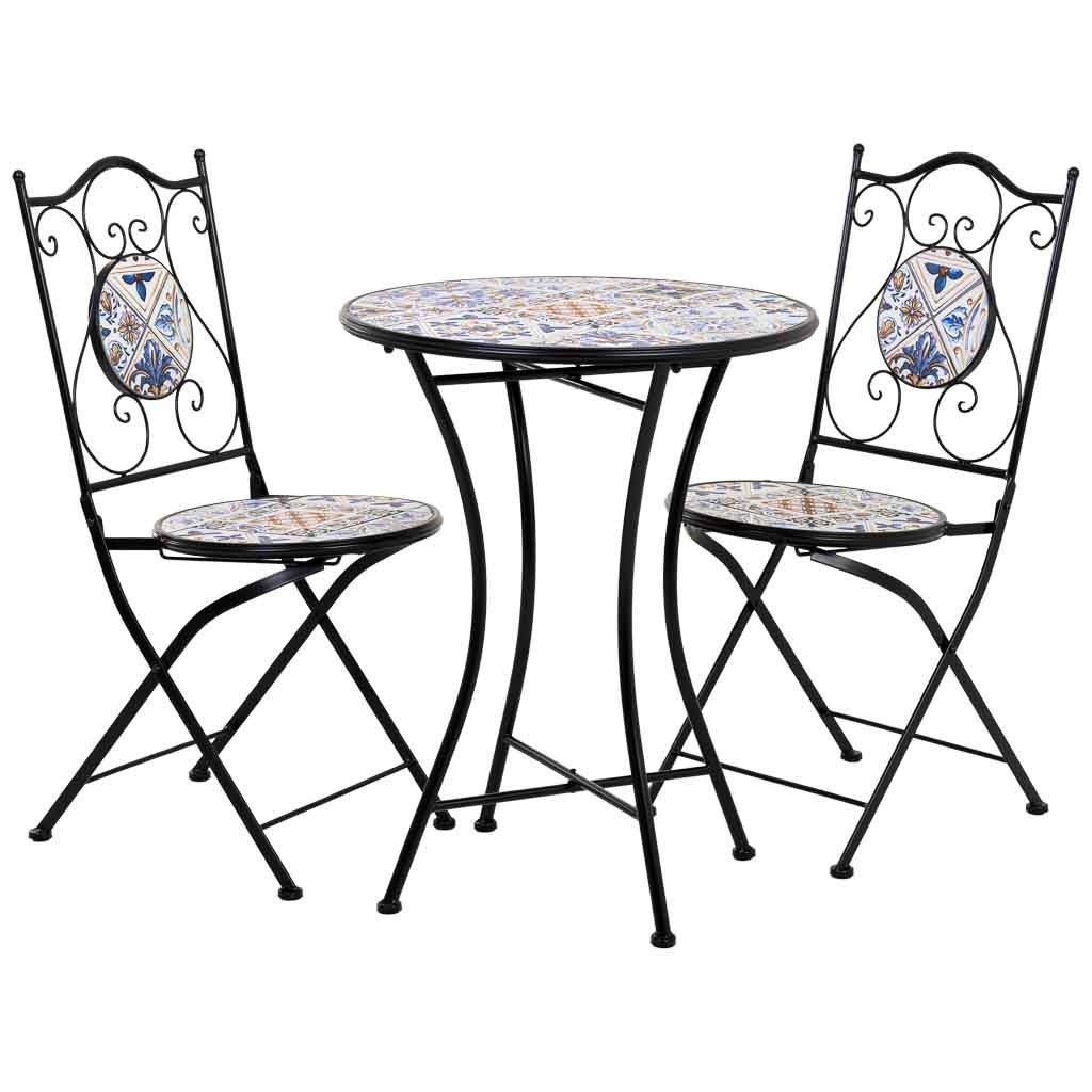 Set tavolo e due sedie in mosaico nero e ferro battuto tavolo