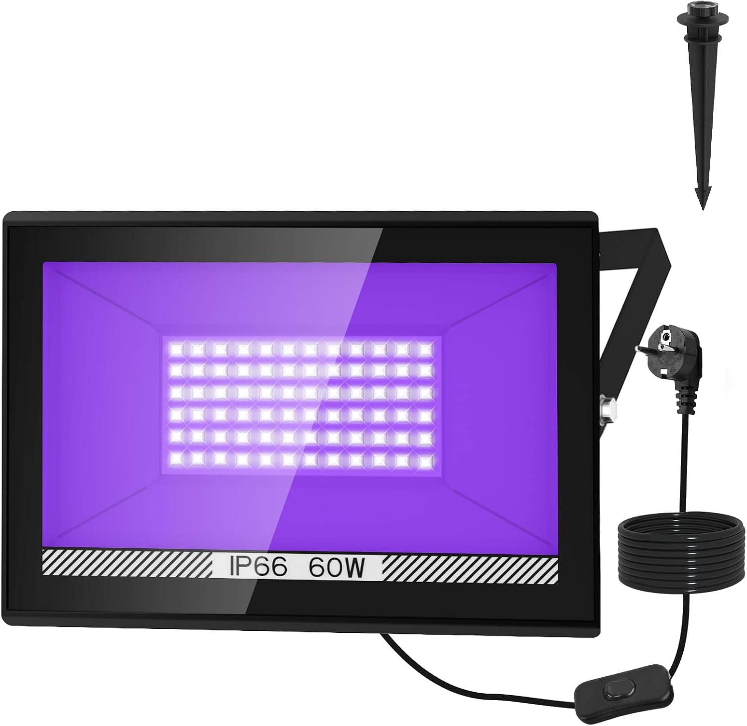 Projektor LED z czarnym światłem 60 W – 395 nm UV, wodoodporny IP66, idealny na Halloween, imprezy fluo, do barów i dyskotek