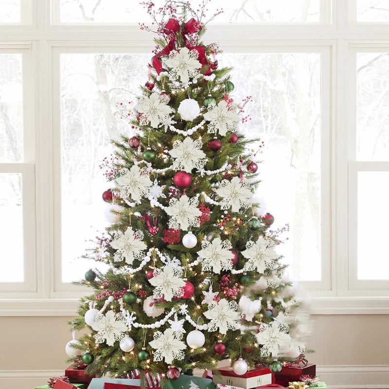 10 pezzi di decorazioni natalizie, fiori artificiali natalizi con clip, decorazioni scintillanti per l'albero di Natale, pendenti natalizi - 2