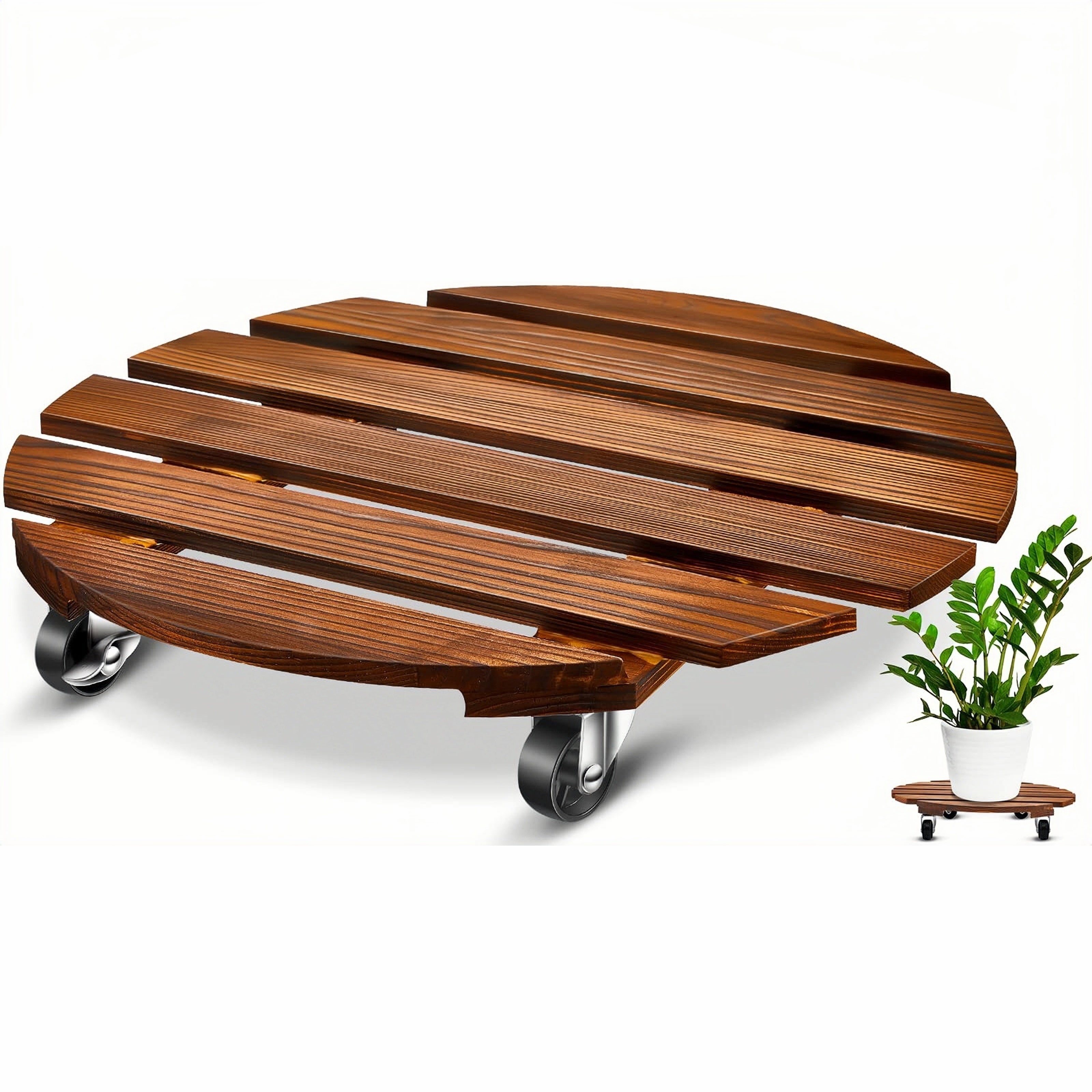 Solidny drewniany stojak na rośliny z blokowanymi kółkami - do użytku wewnątrz/na zewnątrz, 30 x 30 x 6,5 cm.