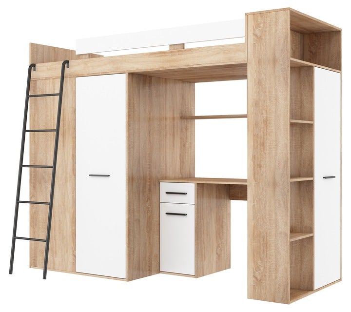 Lit Mezzanine 90x200cm avec échelle Placard, Bureau, bibliothèque et ...