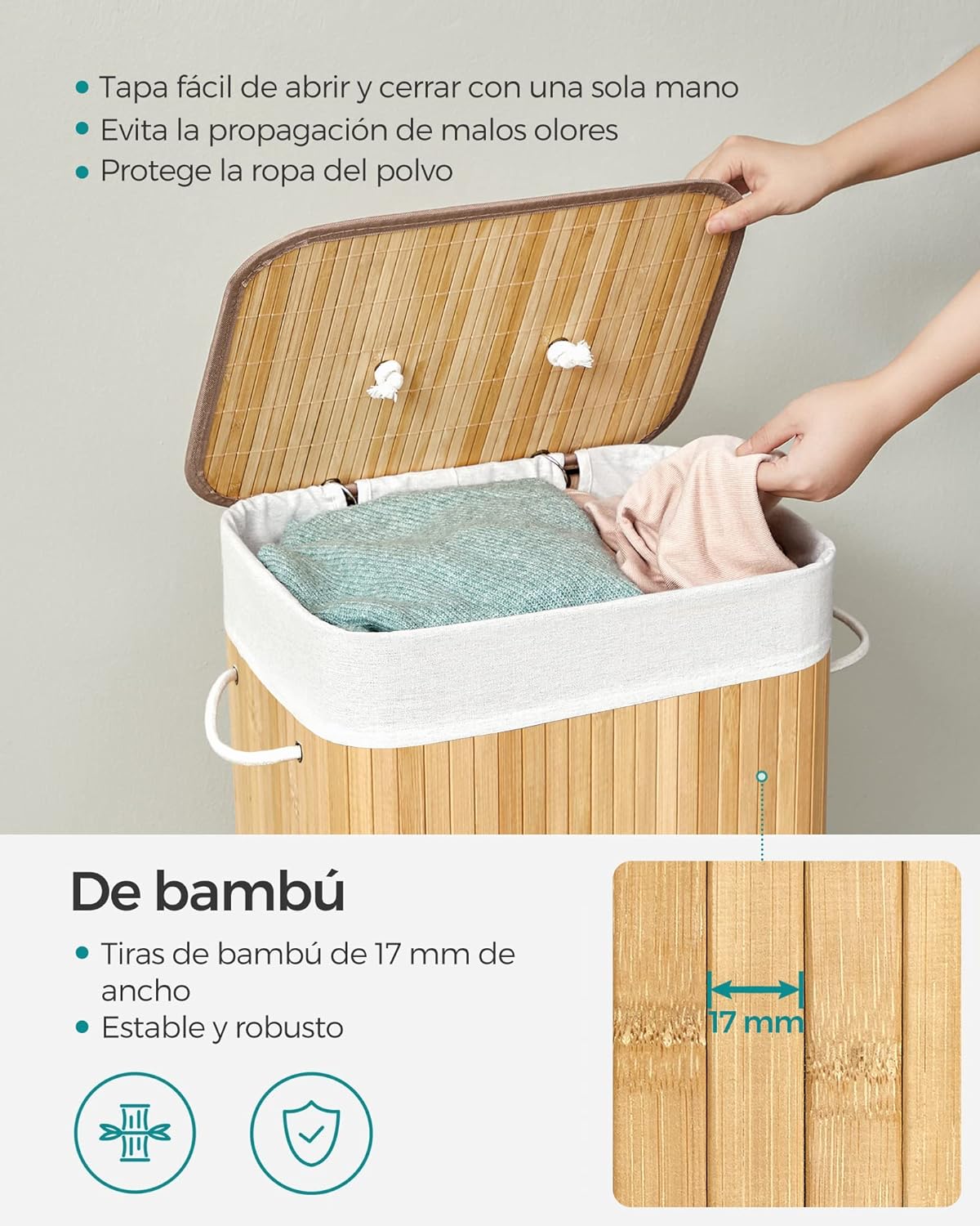 Cesto de la Ropa Sucia con Tapa, 72 L, Cesto de Lavandería de Bambú, Plegable, con Bolsa Lavable Extraíble, Asas, para Lavandería, Dormitorio, Natural - 9