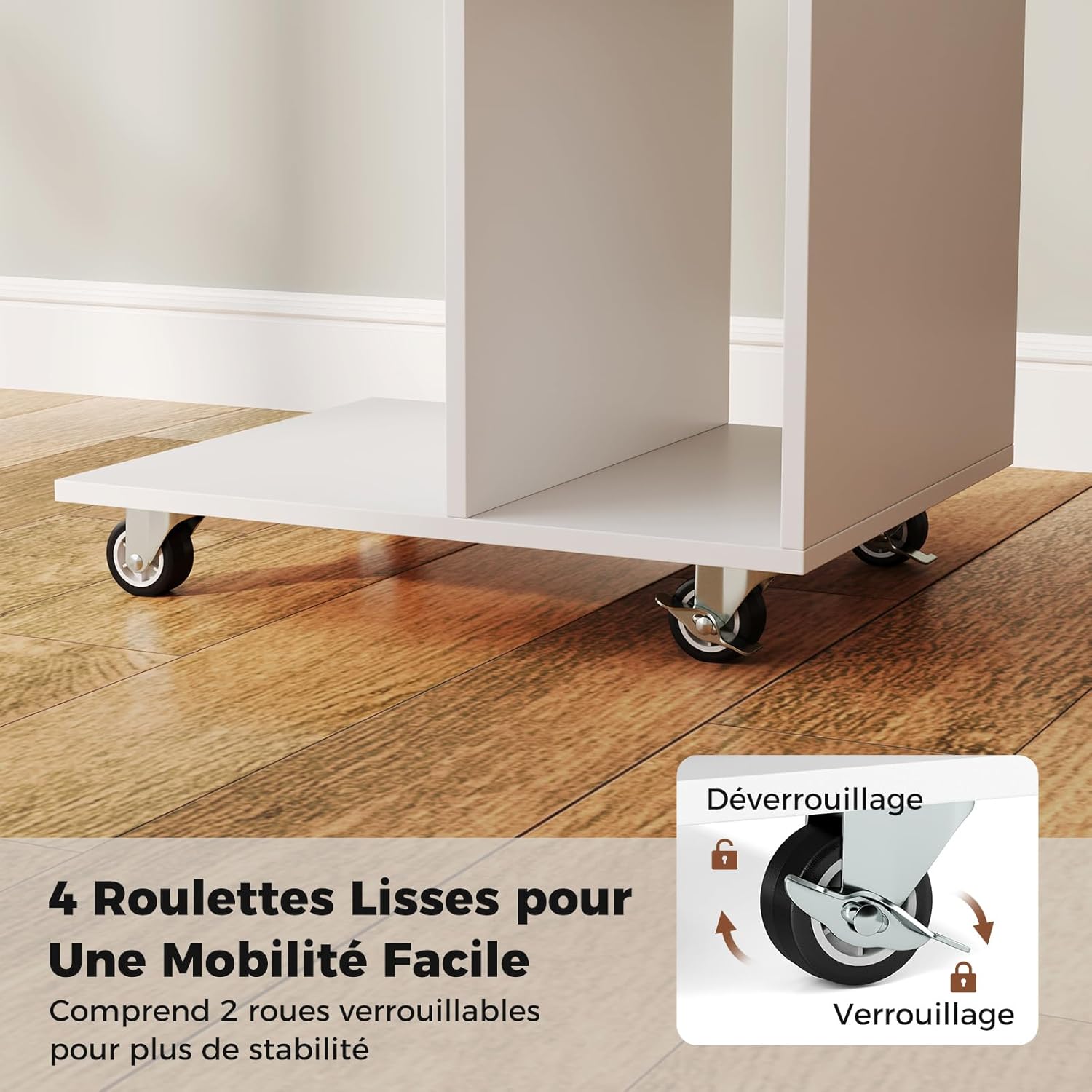 Tavolino a Forma di C con Ruote, Tavolino Laterale da Divano con 2 Cubi di Stocaggio, Tavolino da Caffè Salvaspazio, per Camera da Letto, Sogg - 9