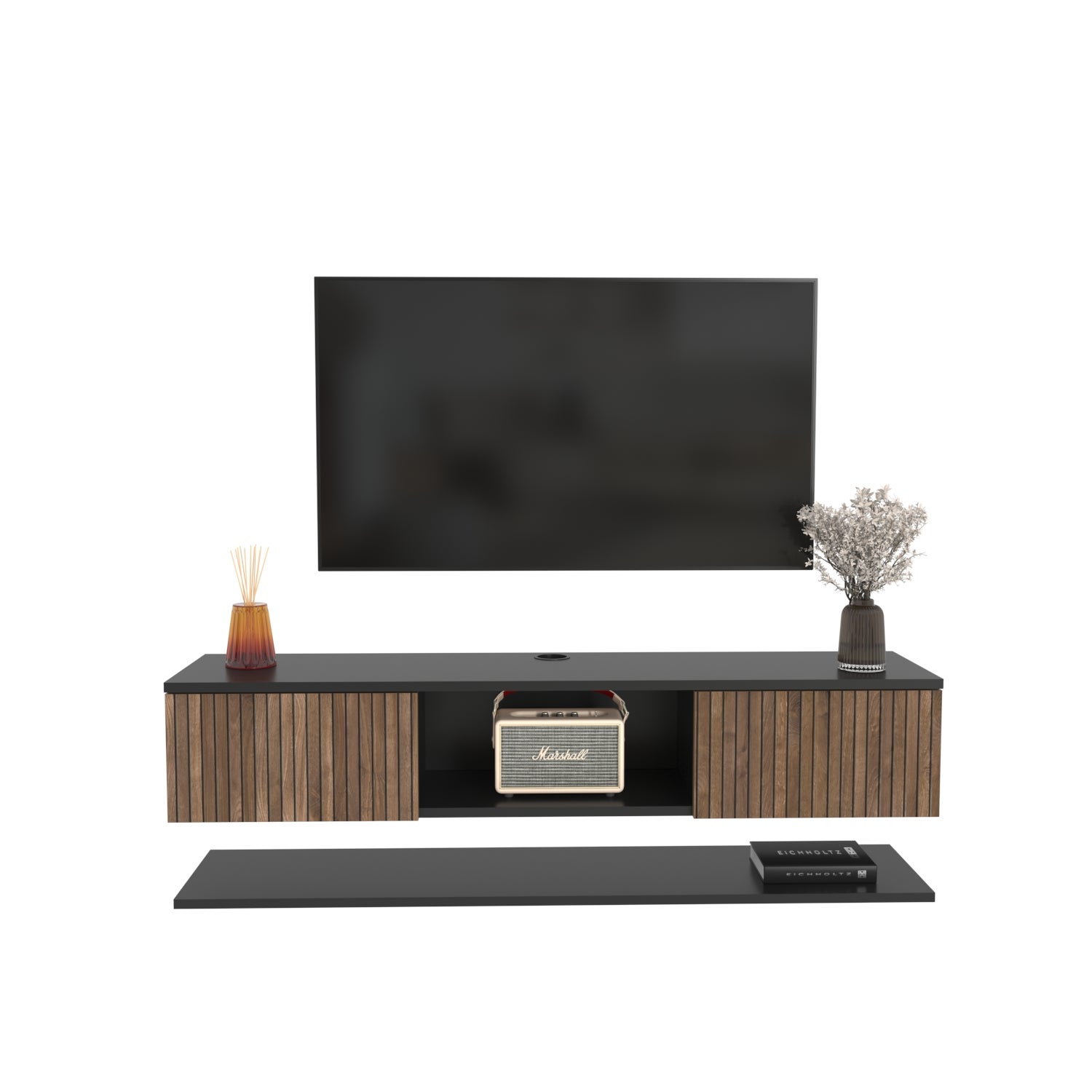 Meuble tv mural elia flottant 140 cm - armoires - passe-cable - étagère murale incluse (noir et effet alina) - 6