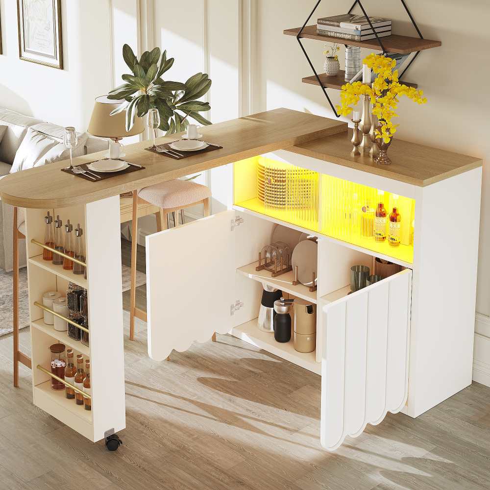 Table de bar extensible avec espace de rangement, éclairage LED, bar ...