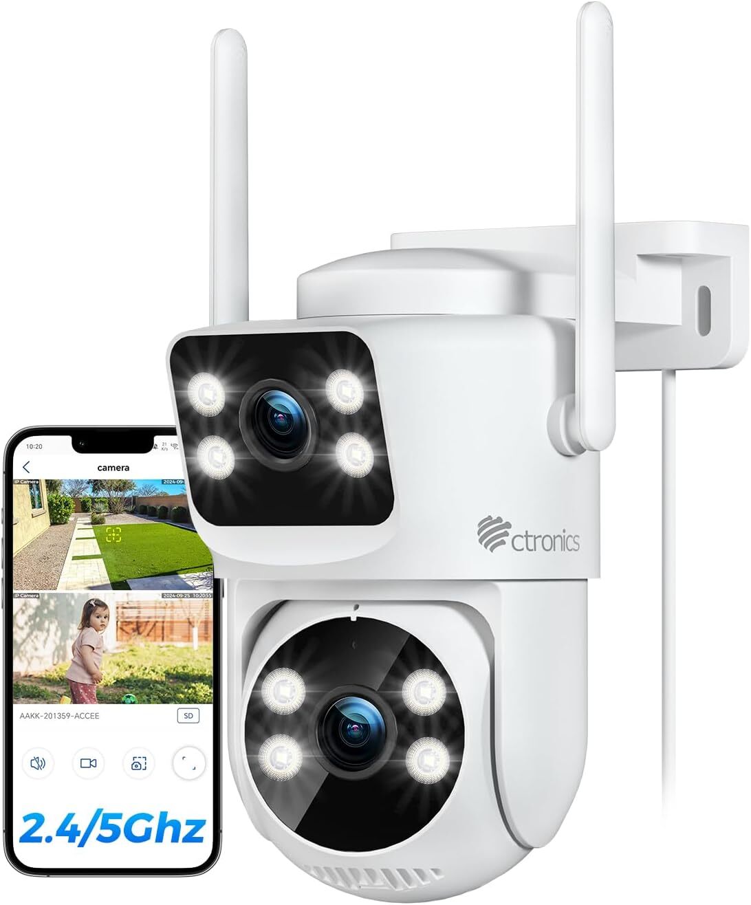 Ctronics Zewnętrzna Kamera Monitoringu WiFi PTZ z Podwójnym Obiektywem – Automatyczne Śledzenie, Kolorowe Widzenie Nocne 30 m, Nagrywanie 24/7, IP66