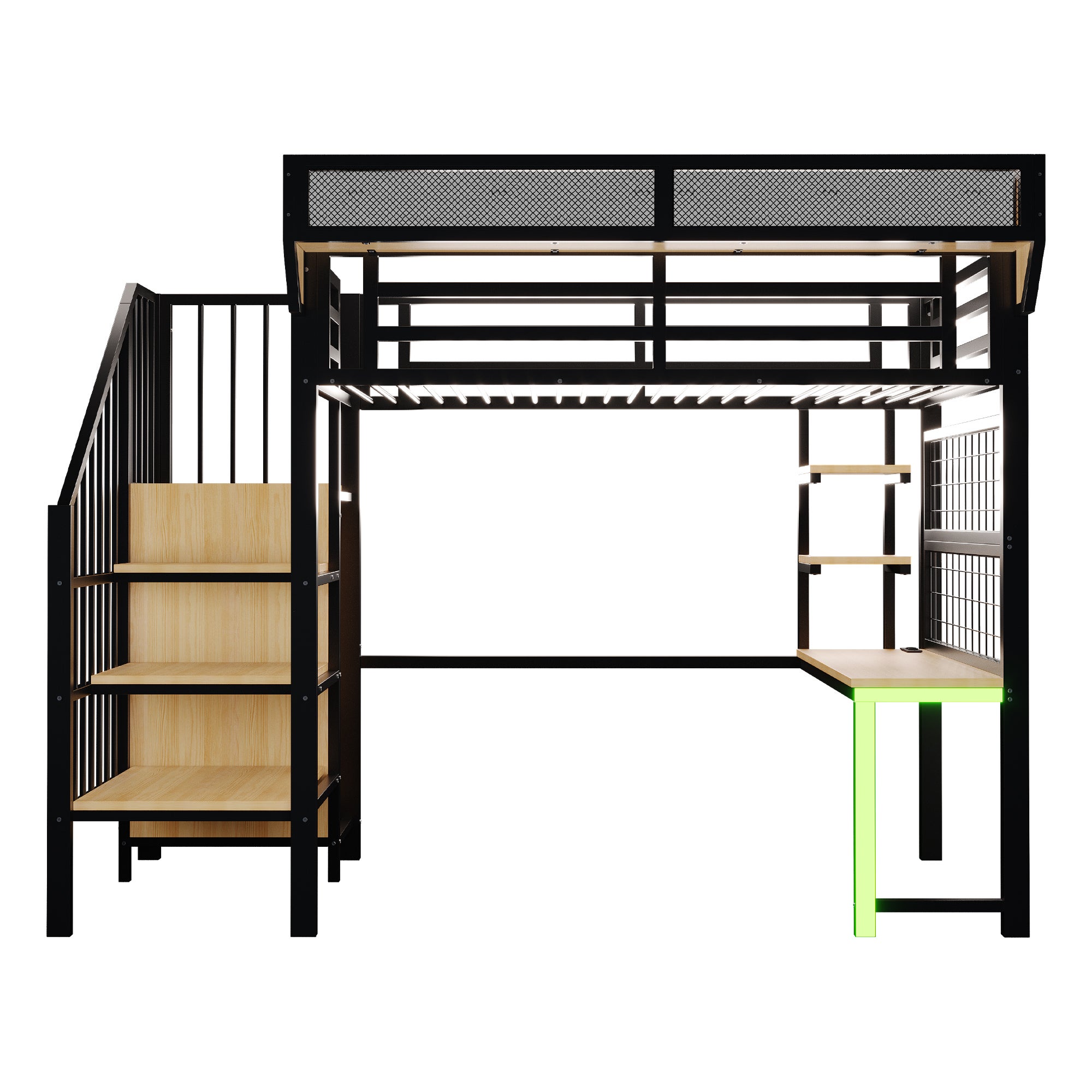 Lit Mezzanine en Métal 90x200 cm avec Bureau, Armoire et Échelle de Rangement, Lit superposé avec LED et Prises, Lit enfant Noir, Sans matelas - 8