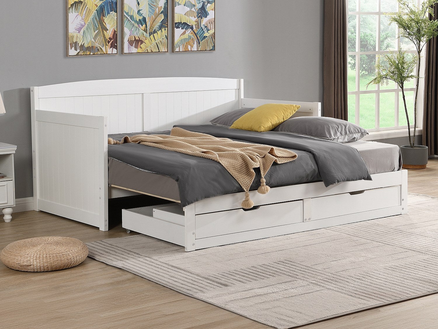 Łóżko wysuwane dzienne 90 x 190 lub 180 x 190 cm - Z rozsuwanym stelażem i szufladami - Drewno sosnowe i MDF - Biały + Materac - DINIVA