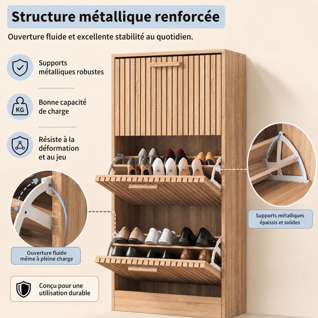 Meuble à chaussures avec 3 abattants avec portes à lamelles, armoire à chaussures slim anti-basculement pour 16 à 24 paires, 60 x 24 x 113. - 4