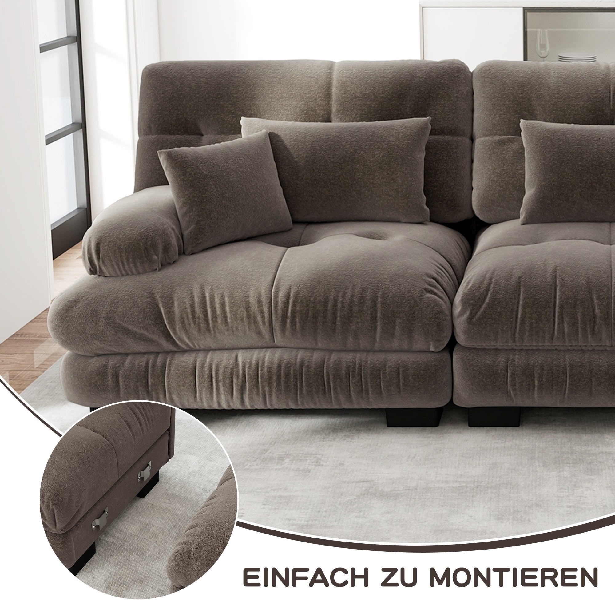 Canapé d'angle extra large en forme de L,Canapé nuage 3 places avec 1 repose-pieds,Canapé modulable avec coussins lombaires,Chenille,Marron - 4