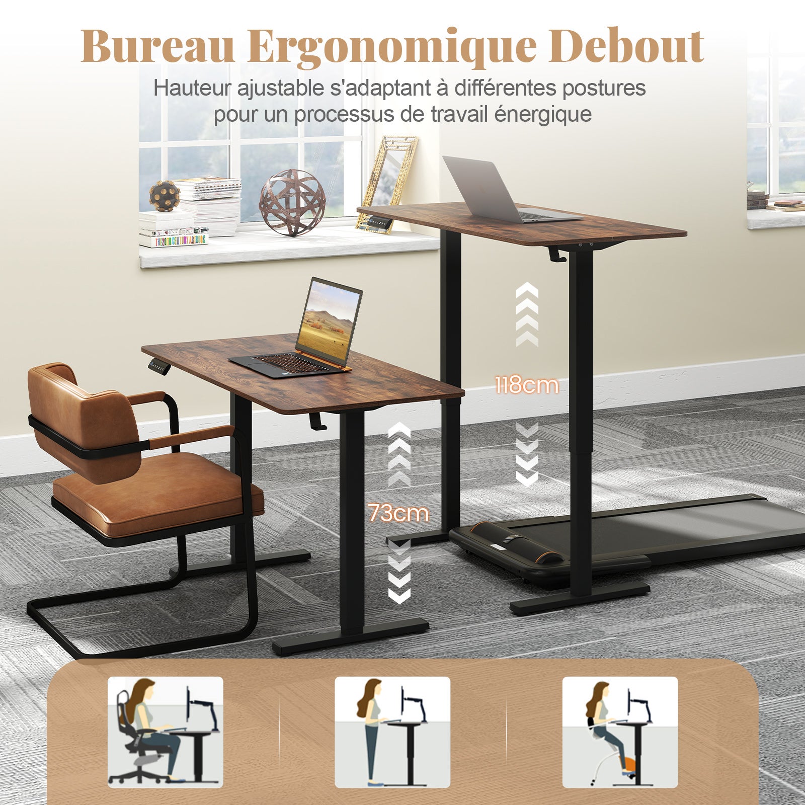 Bureau Assis Debout Électrique, 120 x 60 cm Bureau Réglable en Hauteur avec Panneau Intelligent à 3 Mémoires, Anti-Collision, Crochet, Marron - 2