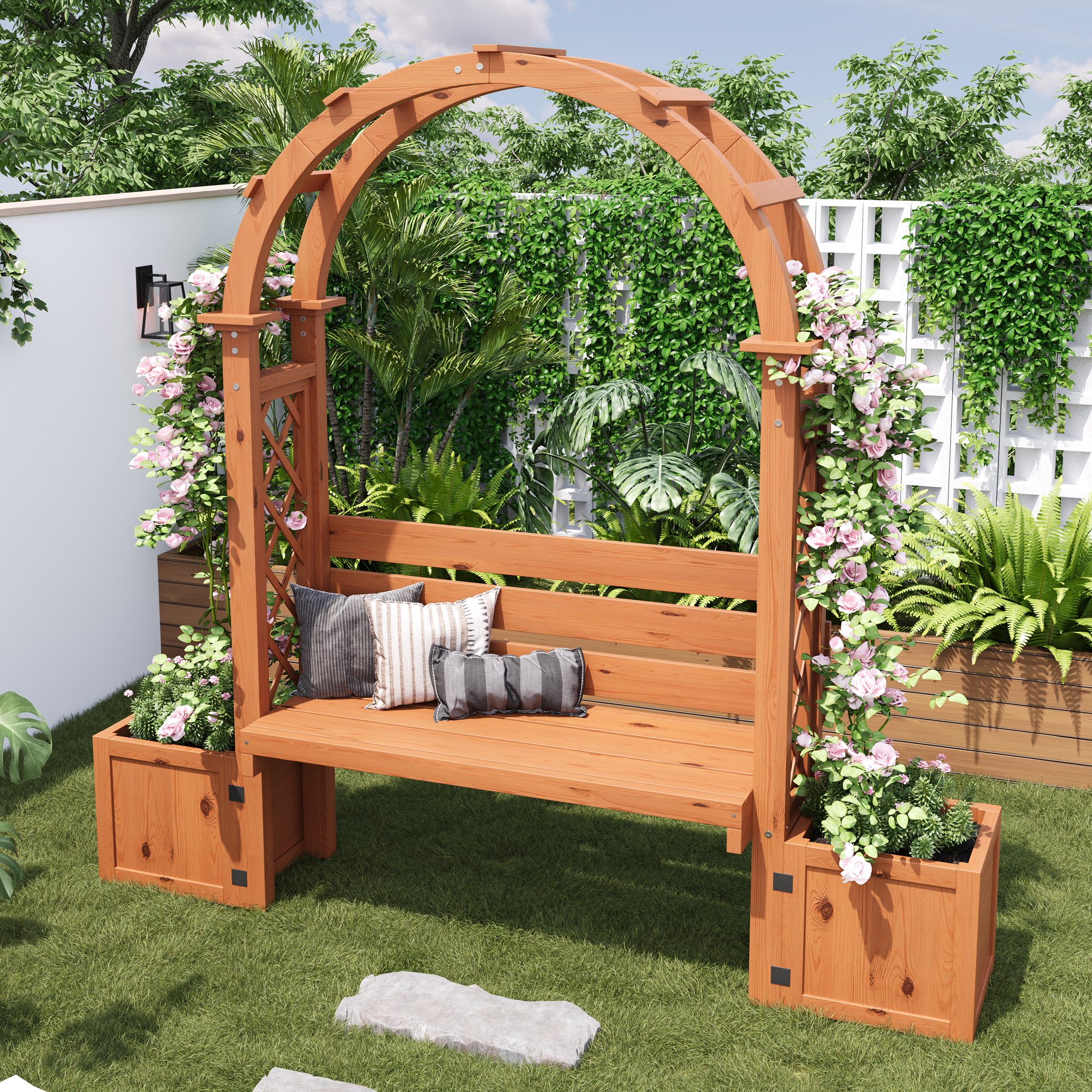 Jardinière sur Pièds avec Treillis en Bois massif + 1 Banc 2 Places - 160 x 30.5 x 160 cm - Naturel - 5
