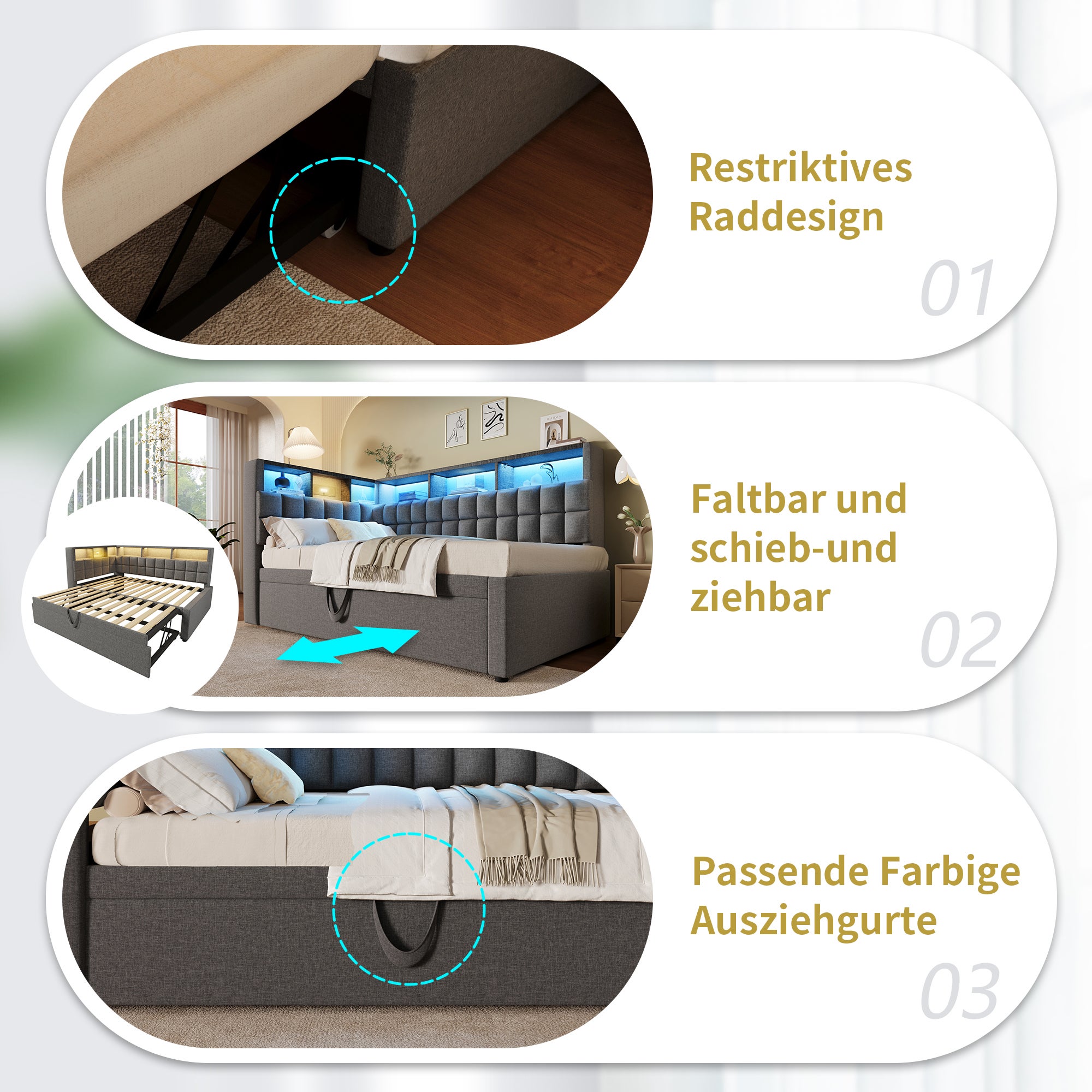 Łóżko wysuwane 90 x 200 cm + 90 x 190 cm z półką - diody LED, porty USB/Type-C i głośnik Bluetooth - szare (materac nie jest dołączony) - 6