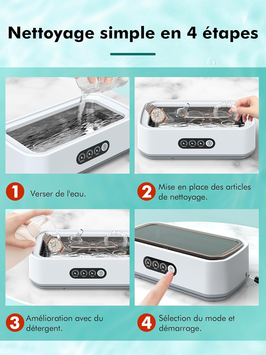 Nettoyeur à ultrasons, 48 ​​kHz, 650 ml, à une touche, adapté au nettoyage des lunettes, bijoux et prothèses dentaires - 8