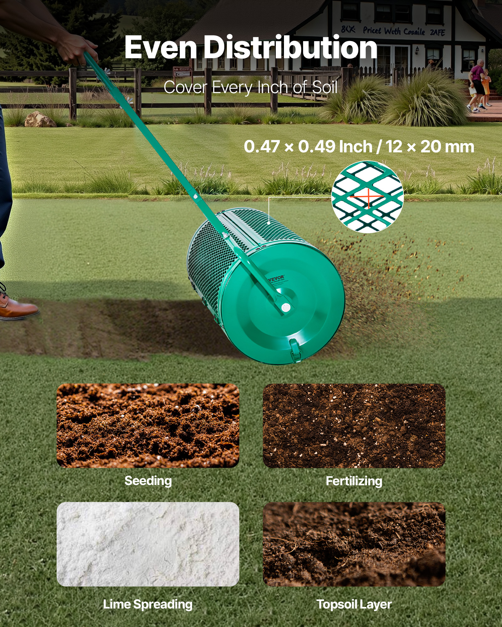Spandiconcime per compost VEVOR, acciaio, 60 cm, a rullo, manico a T regolabile, cestello a rete, per prati/terreni agricoli, verde - 6