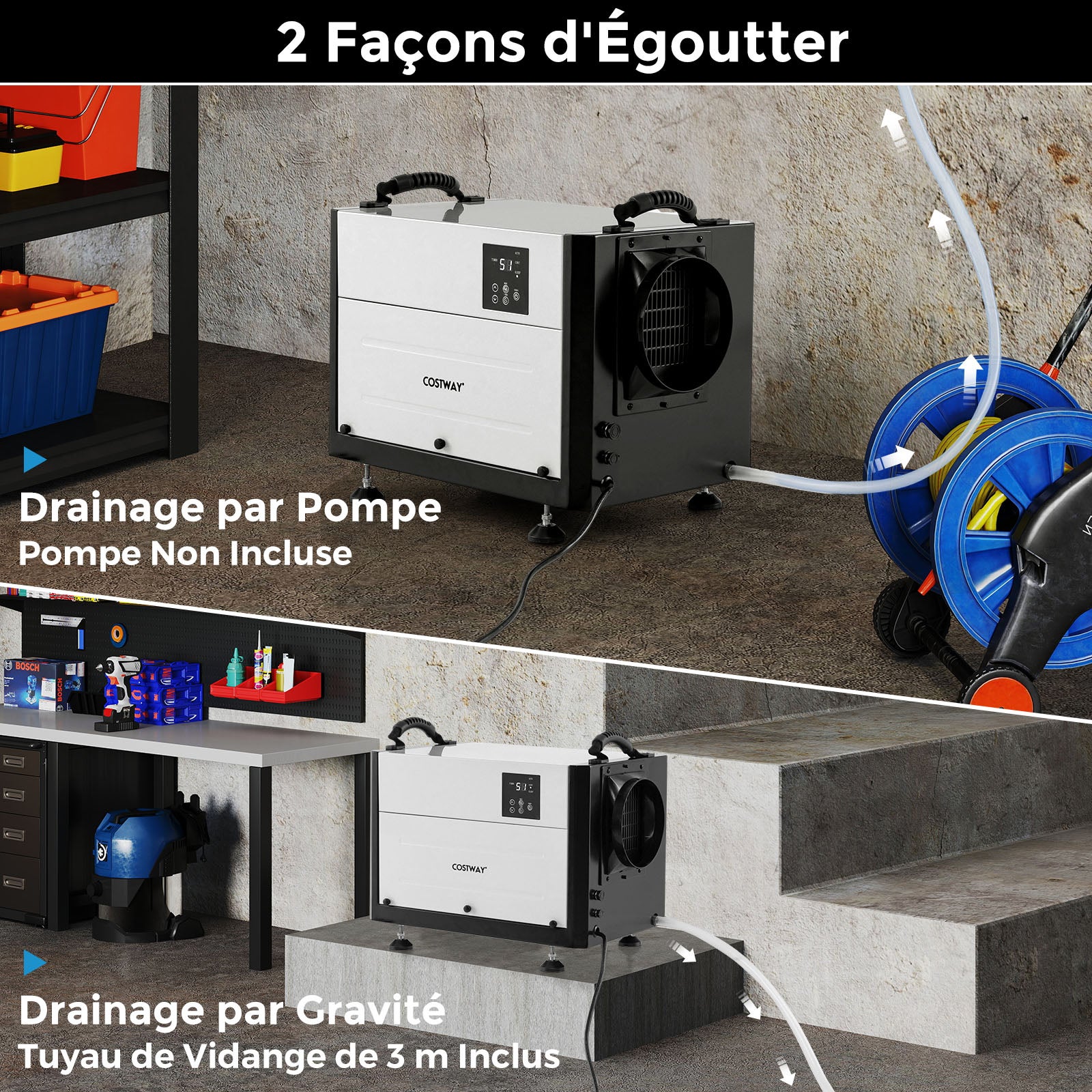 Déshumidificateur d'Air 58,5/Jour Jusqu'à 80m² avec 3 Modes, Minuterie de 24&nbsp;H, Tuyau de Vidange, Dégivrage Automatique, pour Sous-Sol, Blanc - 7