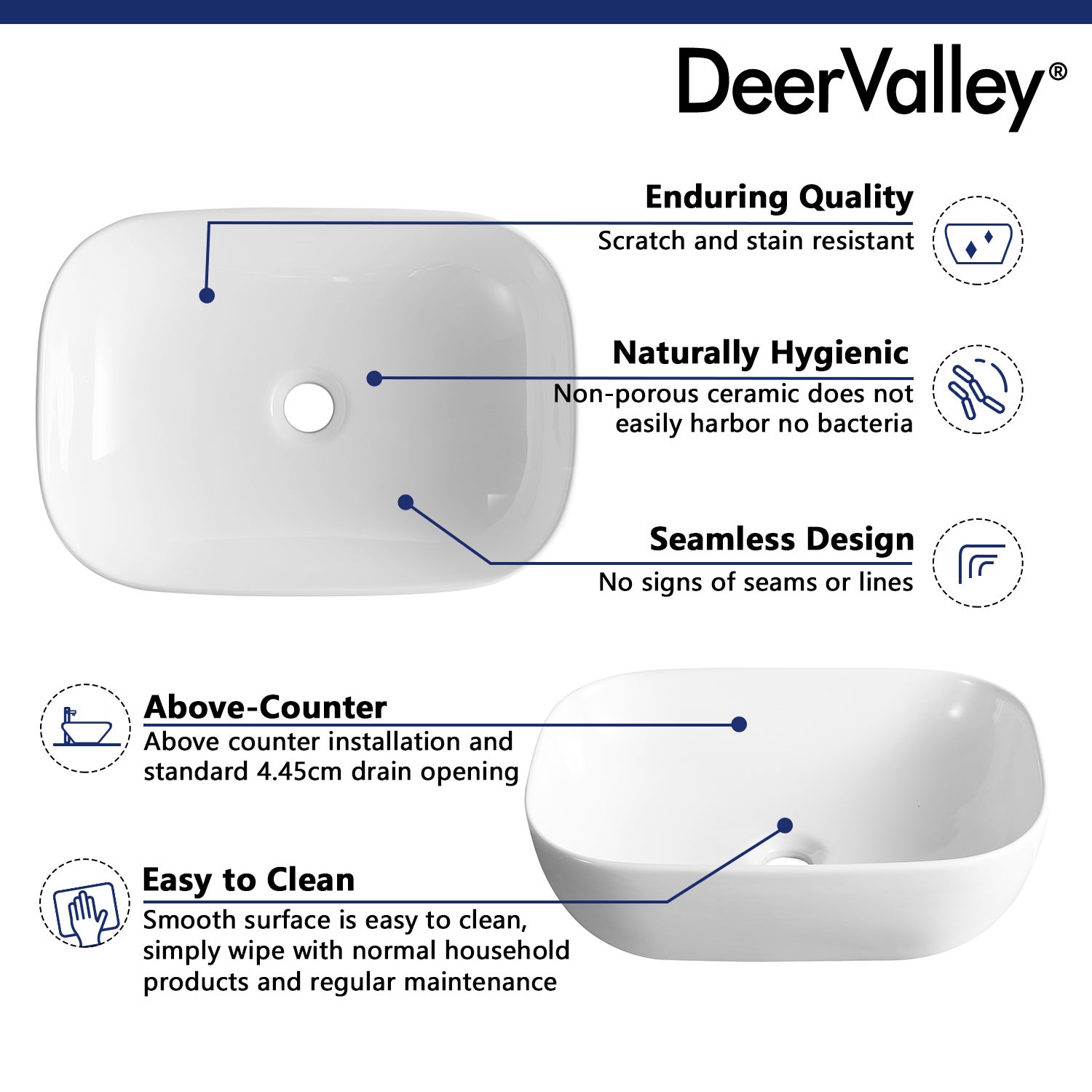 Vasque à Poser Salle de Bain DeerValley – Vasque à Poser Rectangulaire Blanc en Céramique, 50 x 40 x 14,5 cm - 6