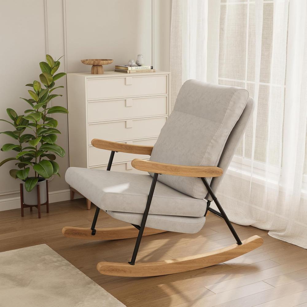 Chaise à bascule scandinave en lin ergonomique, bois massif et métal, fauteuil relax salon chambre. - 8