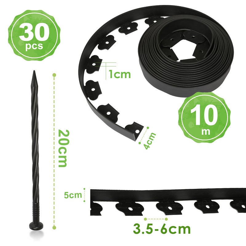 Bordure de jardin flexible noir - 5 cm x 10 mètres avec 30 piquets d'ancrage - 2