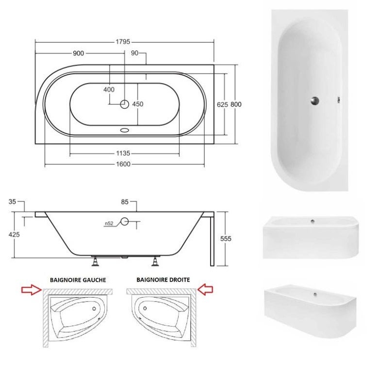 Baignoire asymétrique gauche - avec Tablier Blanc - Repose Tête OFFERT - AVITA - 180x80 - 3