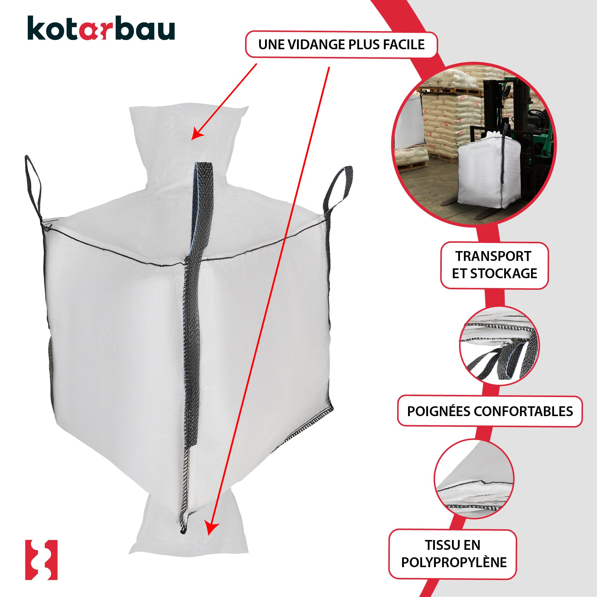 Sac Big Bag Vide, Sac Gravat Chantier 90 x 90 x 90 cm 500 kg avec trémie de vidange - KOTARBAU - 5