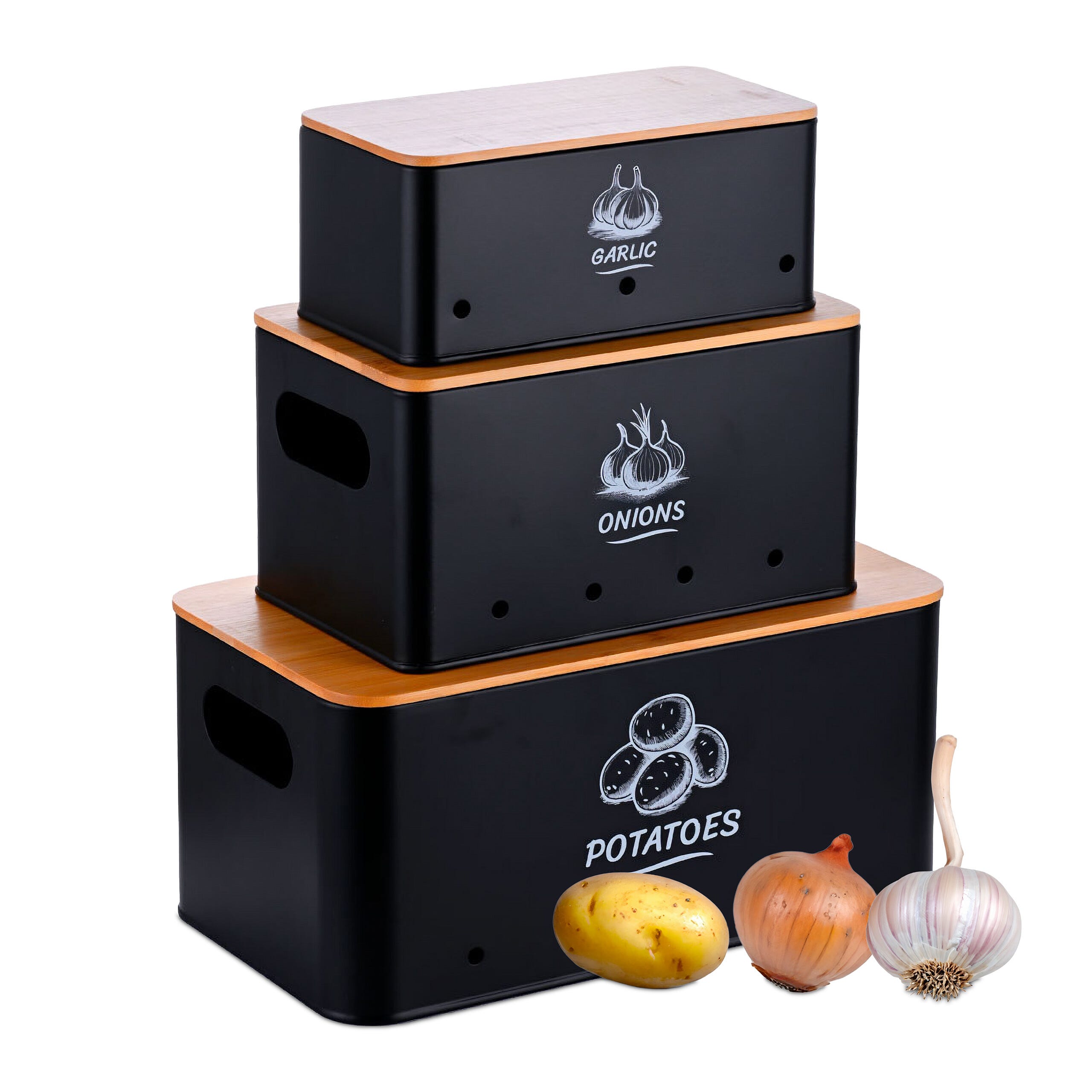 Lannvan Porta Patate, Porta Aglio e Cipolla Set di 3 | Contenitore Patate Impilabile | con Coperchio in Bambù Resistente | Ventilazione Ombra Conservazione Della Freschezza (Nero Lannvan Porta Patate, Porta Aglio e Cipolla Set di 3 | Contenitore Patate Impilabile | con Coperchio in Bambù Resistente | Ventilazione Ombra Conservazione Della Freschezza (Nero