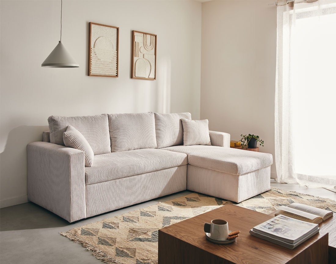 Canapé d'angle convertible 4 places en velours côtelé beige - CYRUS - Best Mobilier - 5