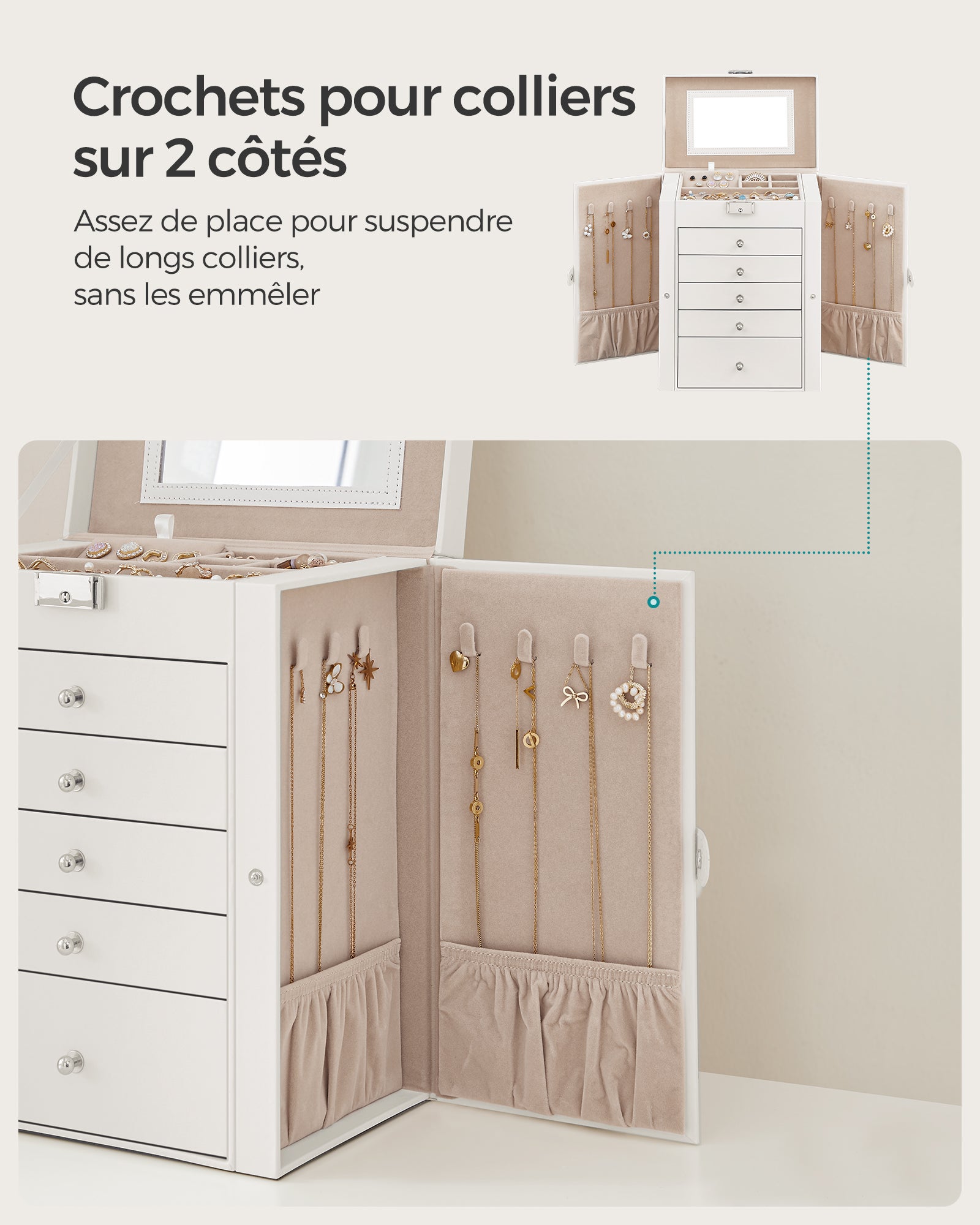 Boîte à Bijoux, Grand, 6 Niveaux avec Ailes, tiroirs, Miroir et Fermoir, Blanc - 3