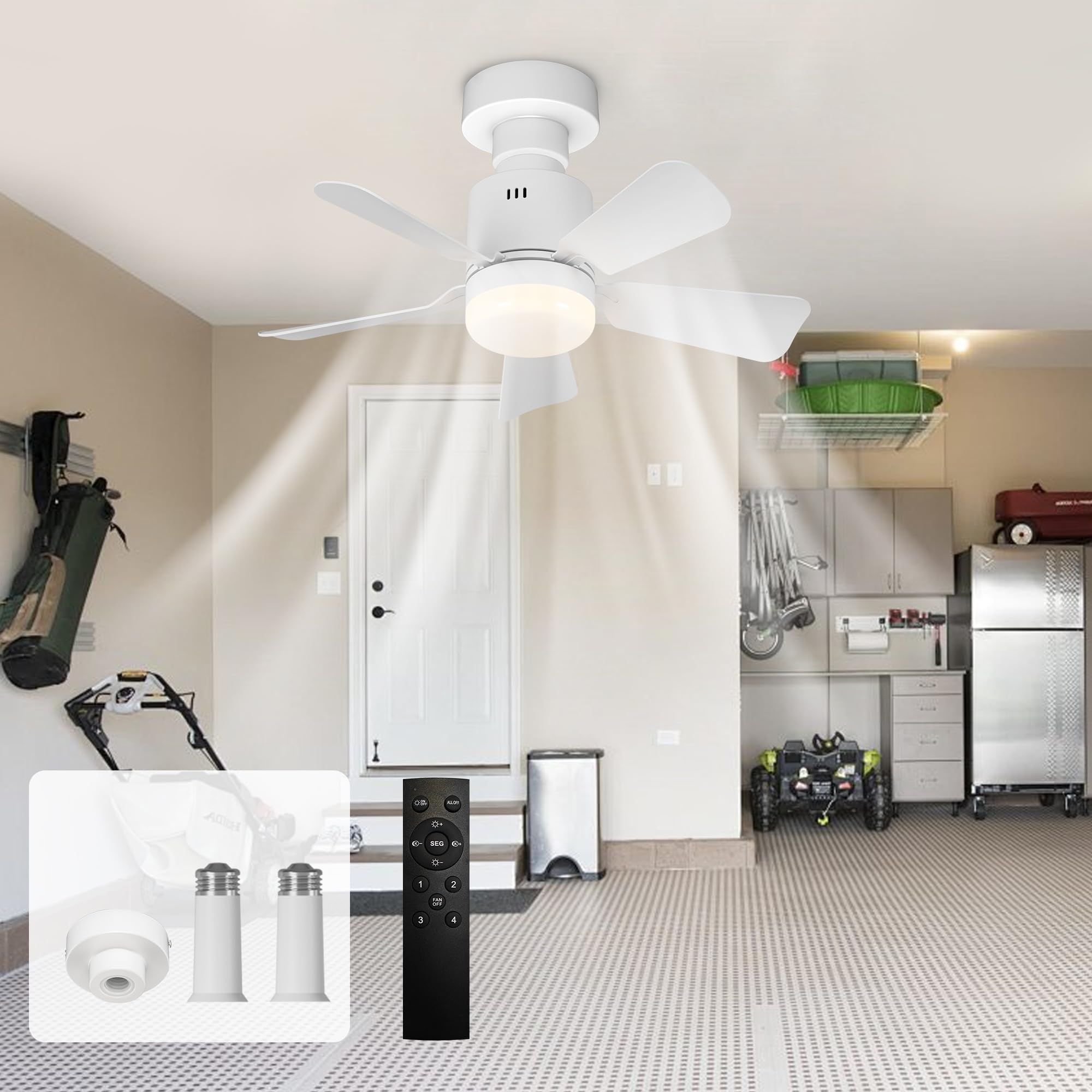 Wentylator sufitowy LED z pilotem, 52,5 cm, 4 prędkości, z żarówką oświetleniową, trzonek E26/E27, biały