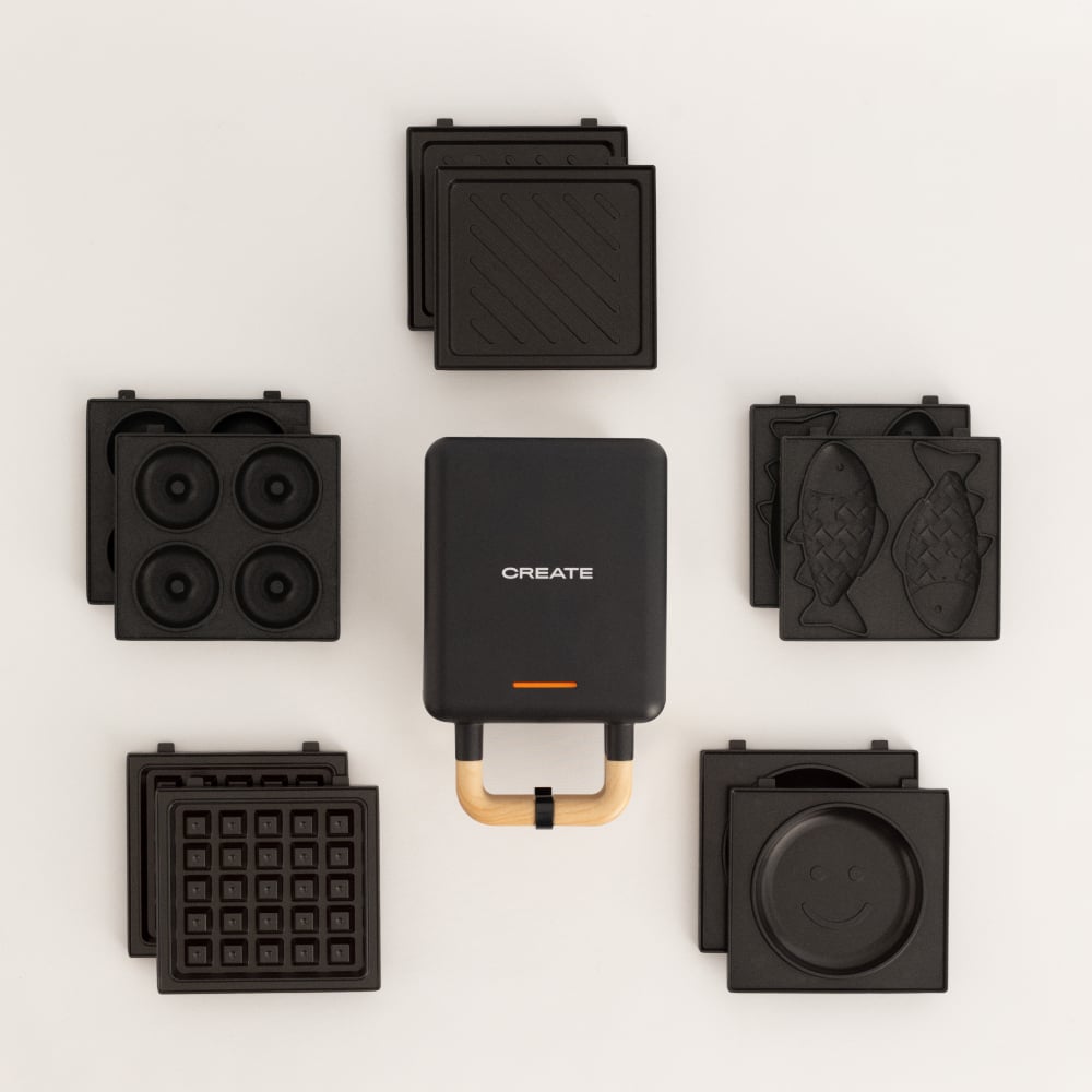 CREATE - Pack STONE STUDIO Indywidualnie - Opiekacz do kanapek Gofrownica i Grill+ Płyta Taiyaki + pancake pancake Plate + donuts Plate - Noir