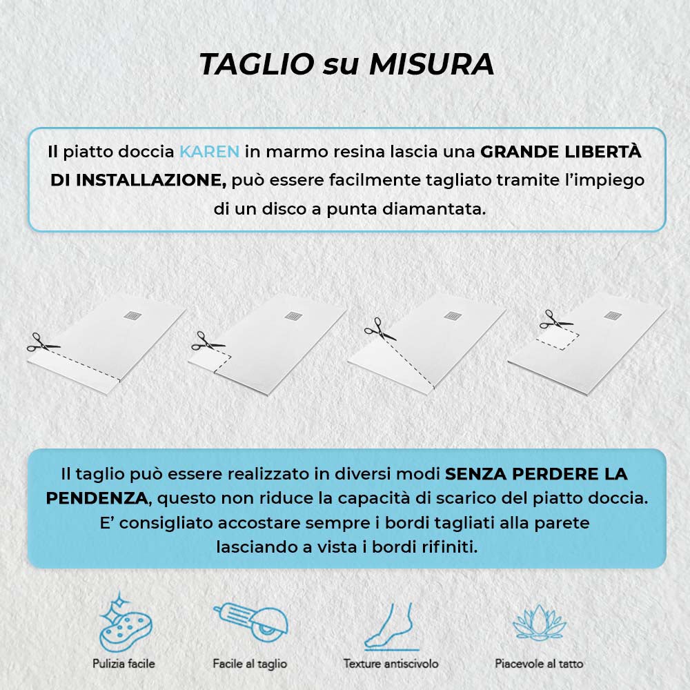 Piatto doccia 90x110 in resina riducibile bianco effetto pietra - Karen - 5