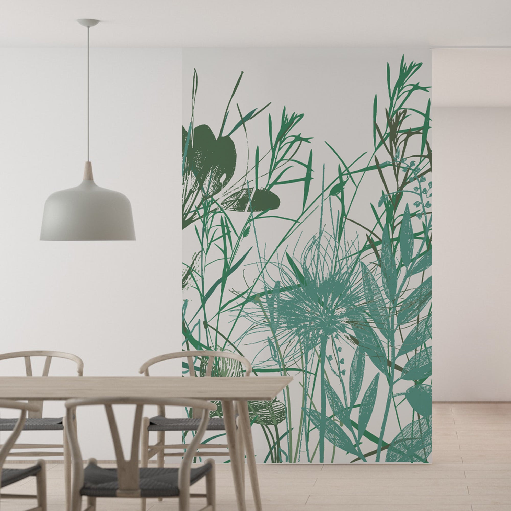 Papier peint panoramique intissé, illustration champêtre, dans un mélange de verdure et de fleur, couleur dominante de vert, 250 cm X 150 cm - 4