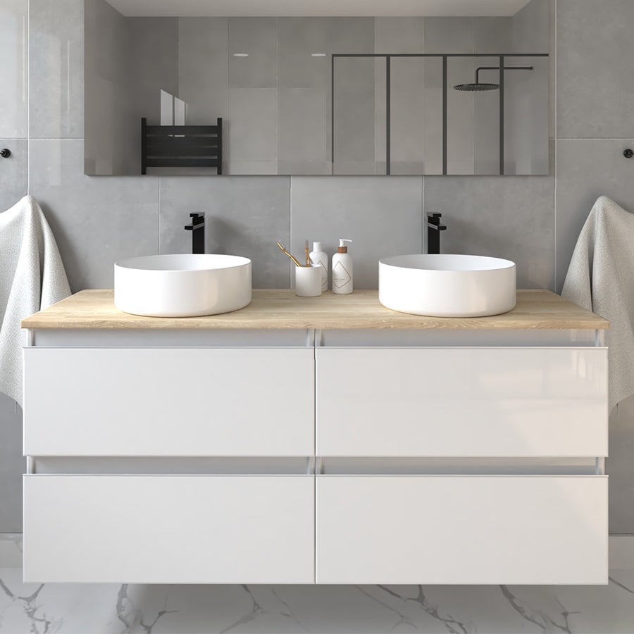 Meuble de salle de bain avec vasques rondes BALEA et miroir Led STAM - Blanc - 120cm - 2