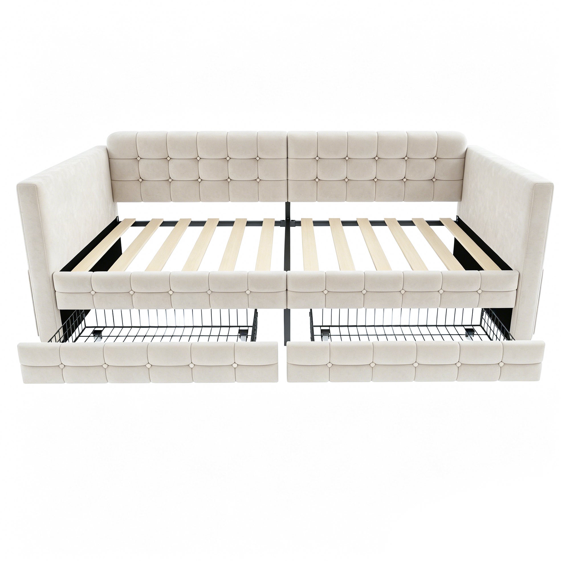 Sofa tapicerowana z funkcją spania 90x190cm - ze schowkami - z 2 szufladami - tkanina welurowa - kolor beżowy (materac nie jest wliczony w cenę) - 8