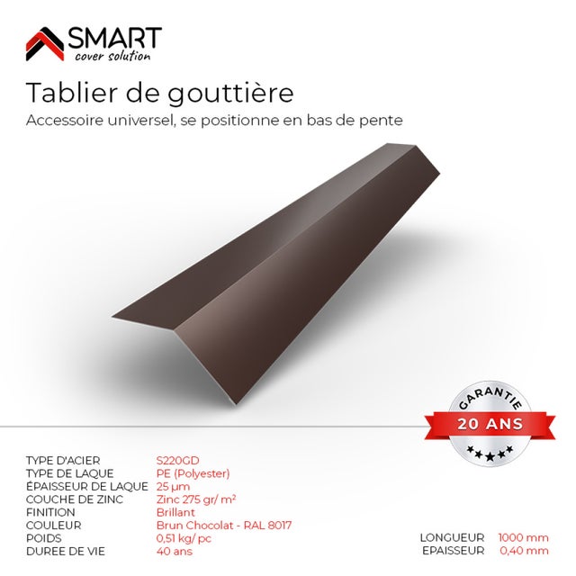 Tablier de gouttière - bac acier - tôle de couverture - Toiture - H12 Brun Chocolat RAL 8017 L=1m