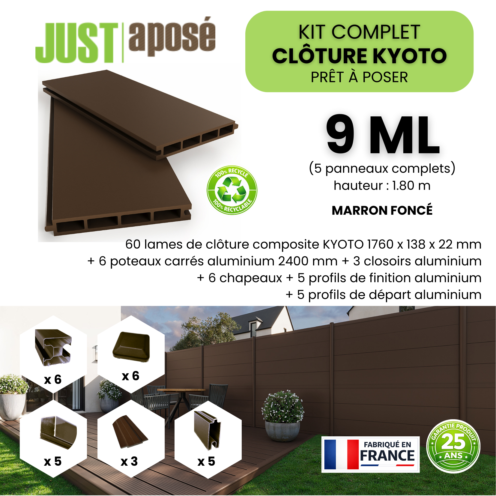 Kit complet clôture composite KYOTO - 5 panneaux complets - 9 x 1,80 m - Prêt à poser - Marron foncé - 3