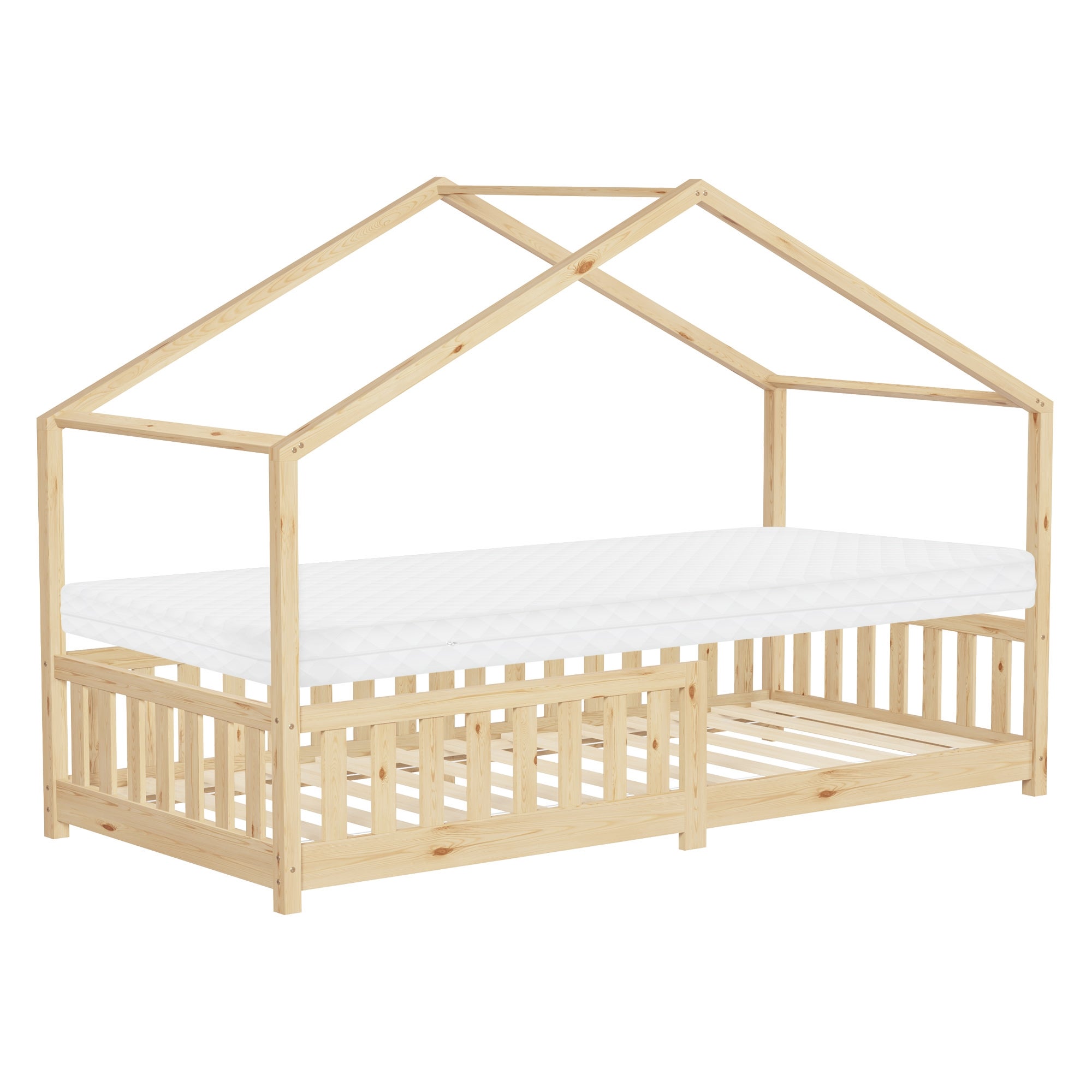 ML-Design łóżko dziecięce domek 90x200 cm naturalne drewniane z materacem wys:10 cm i barierką ochronną Montessori łóżko do zabawy