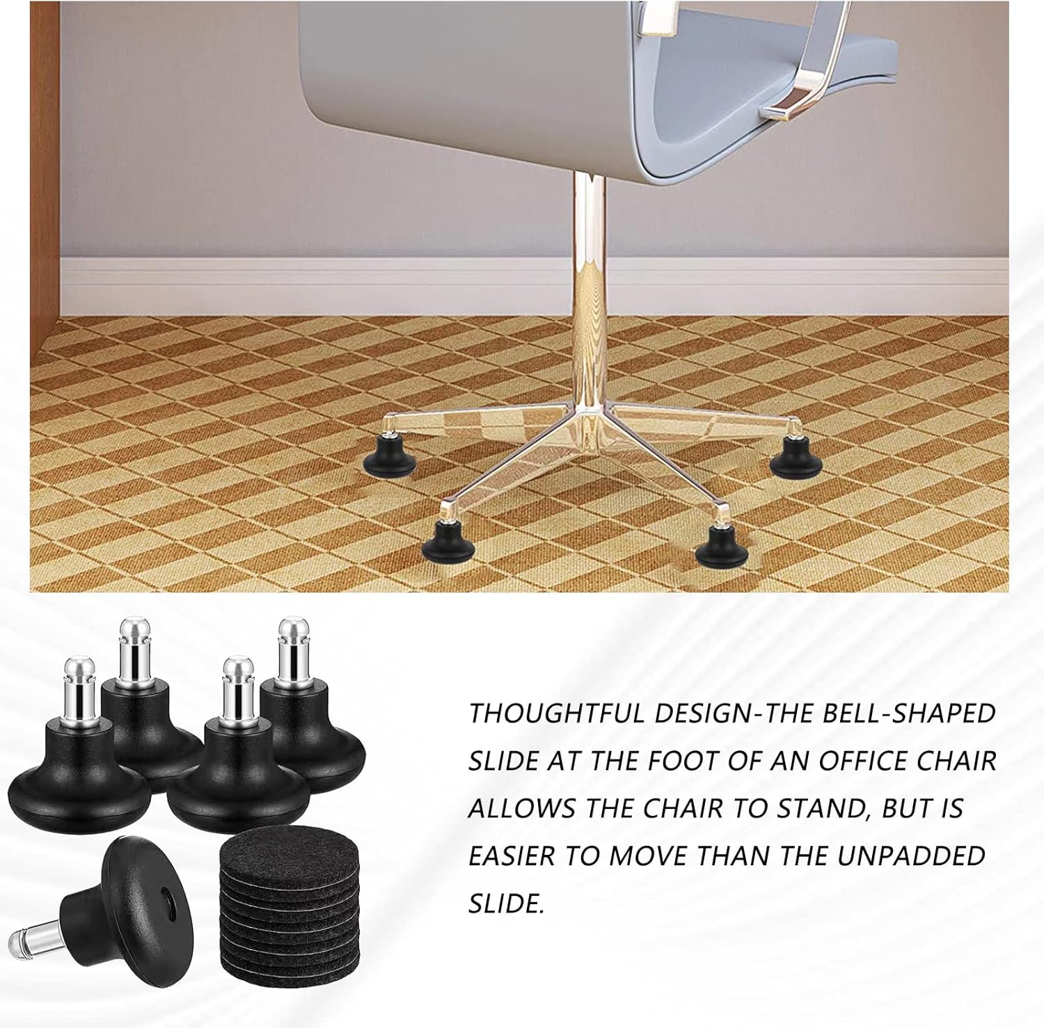 Cloche Glisse Roues de Cloche Chaise Bureau Remplacement Planeur Goupille Pied de Chaise de Bureau Fixe, Paquet de 5 2 Pouces Bloque Roulette Chaise - 5