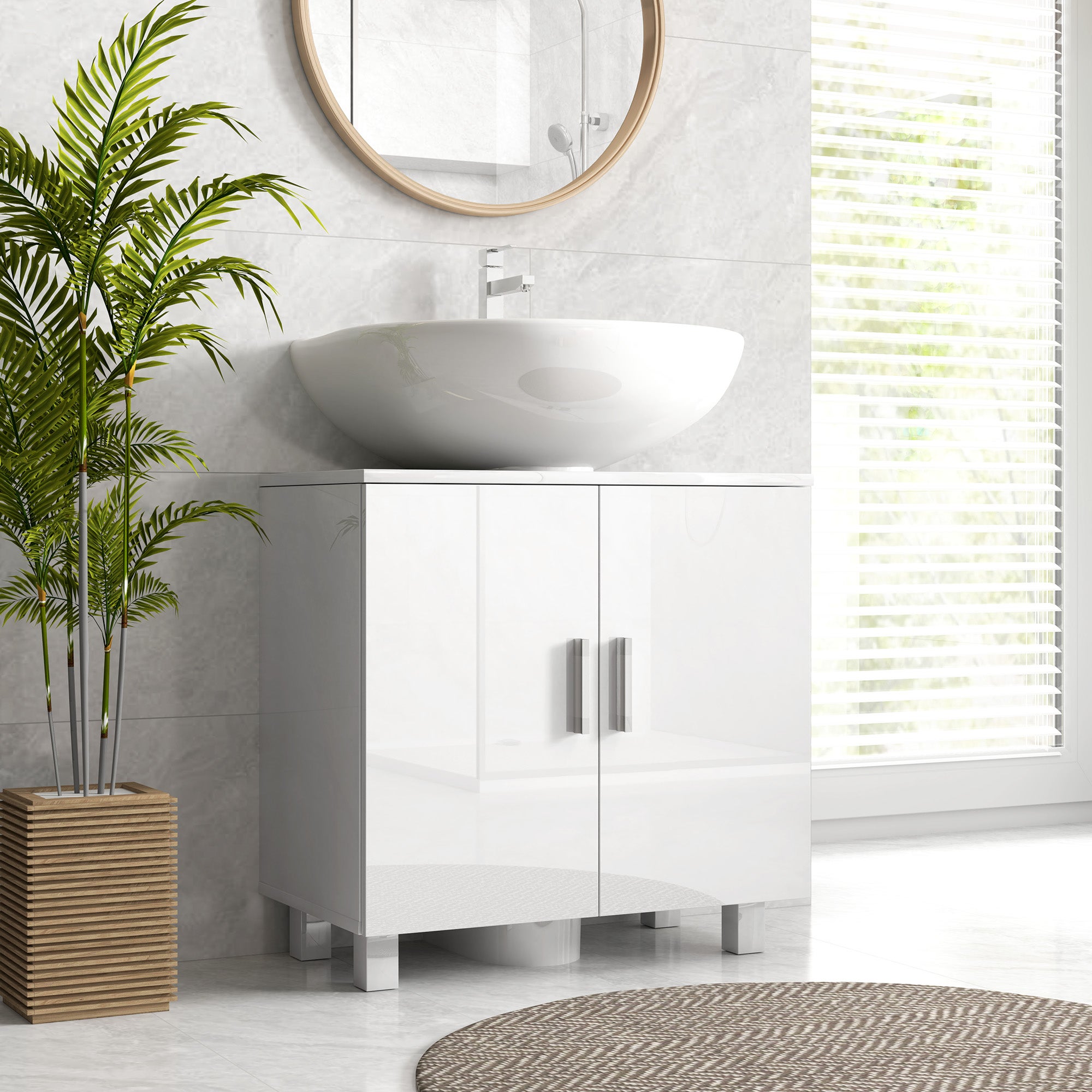 Mobile Sottolavabo HOMCOM Bianco Con 2 Ante Decorate - Armadietto Bagno Con Intaglio A U Per Tubi, 60x30x60cm - Foto 10